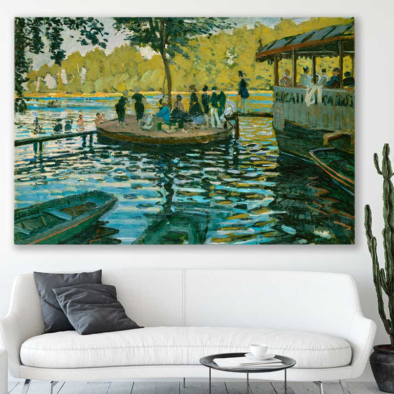 Classic wall art and canvas print of La Grenouillere Claude Monet on a stretched canvas displayed in a room