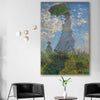 Classic wall art and canvas print of Madame Monet Claude Monet on a stretched canvas displayed in a room