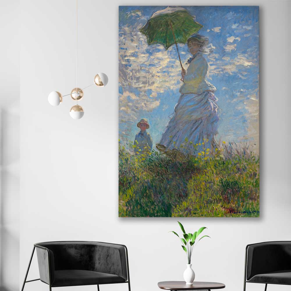 Classic wall art and canvas print of Madame Monet Claude Monet on a stretched canvas displayed in a room