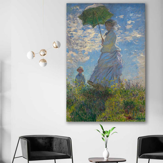 Classic wall art and canvas print of Madame Monet Claude Monet on a stretched canvas displayed in a room
