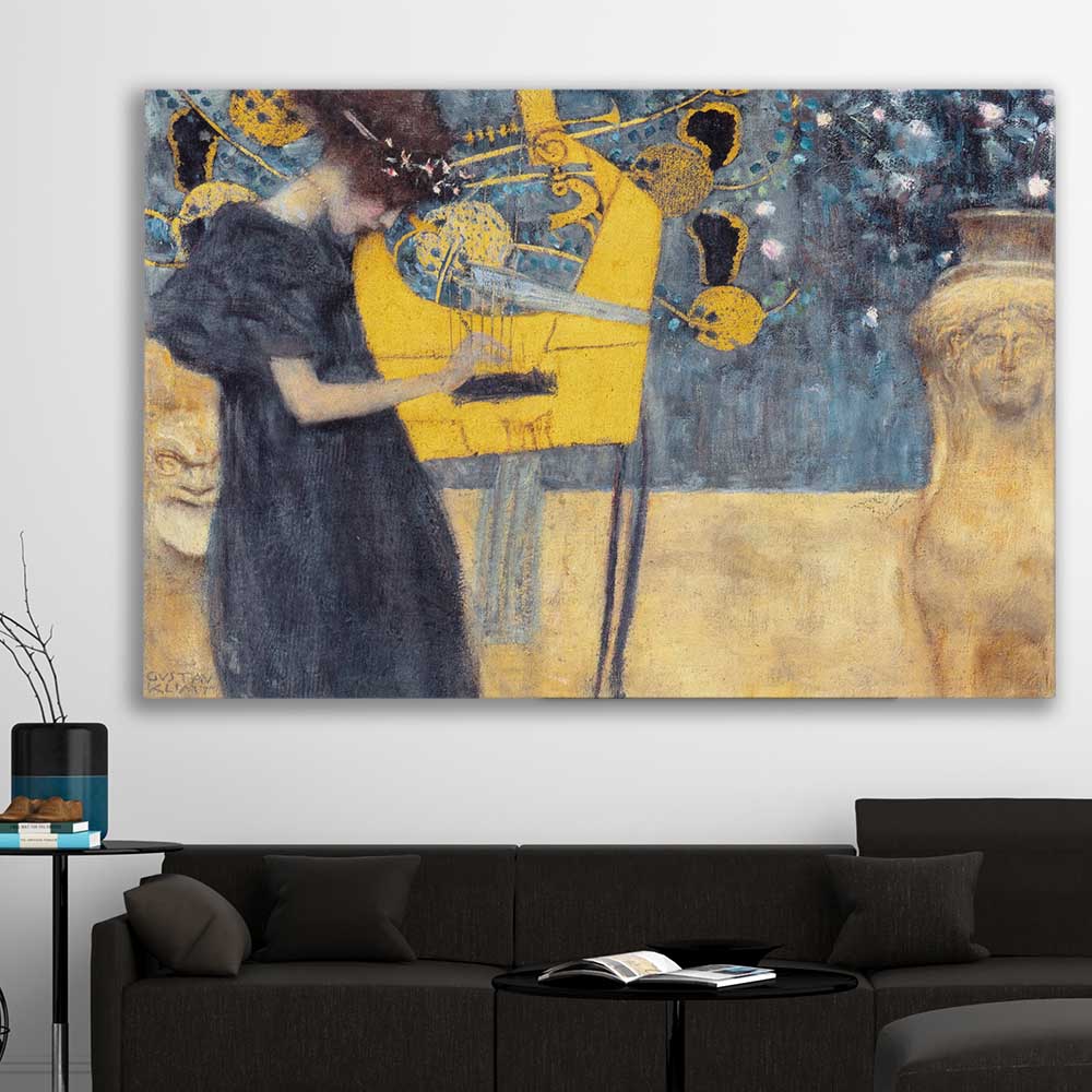 Classic wall art and canvas print of Music I Gustav Klimt on a stretched canvas displayed in a room
