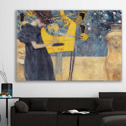 Classic wall art and canvas print of Music I Gustav Klimt on a stretched canvas displayed in a room