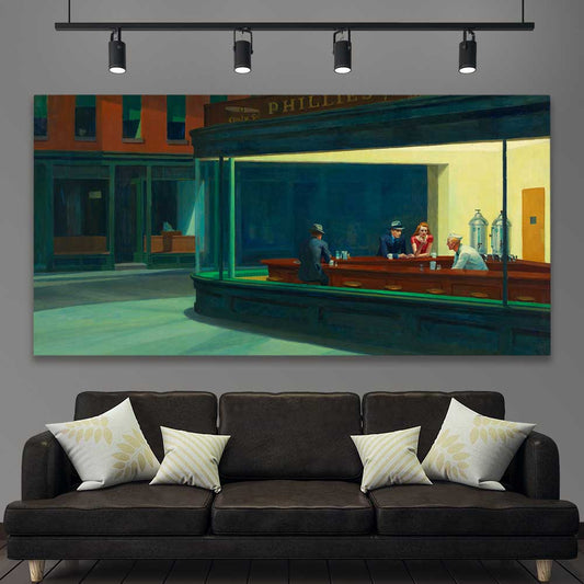 Classic wall art and canvas print of Nighthawks Edward Hopper on a stretched canvas displayed in a room