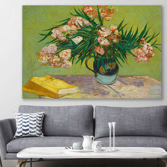 Classic wall art and canvas print of Oleanders Van Gogh on a stretched canvas displayed in a room