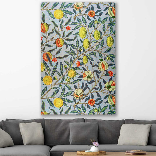 Classic wall art and canvas print of Pomegranate William Morris on a stretched canvas displayed in a room