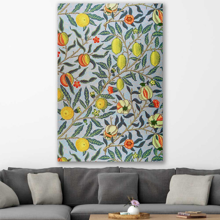 Classic wall art and canvas print of Pomegranate William Morris on a stretched canvas displayed in a room