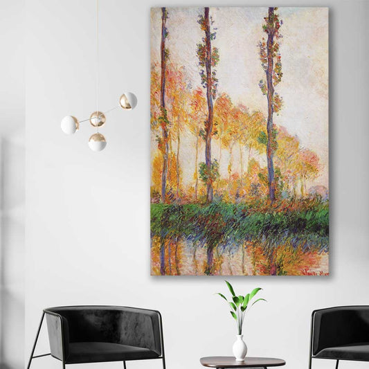 Classic wall art and canvas print of Poplars Claude Monet on a stretched canvas displayed in a room