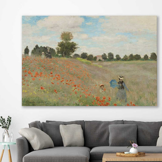 Classic wall art and canvas print of Poppy Field Claude Monet on a stretched canvas displayed in a room
