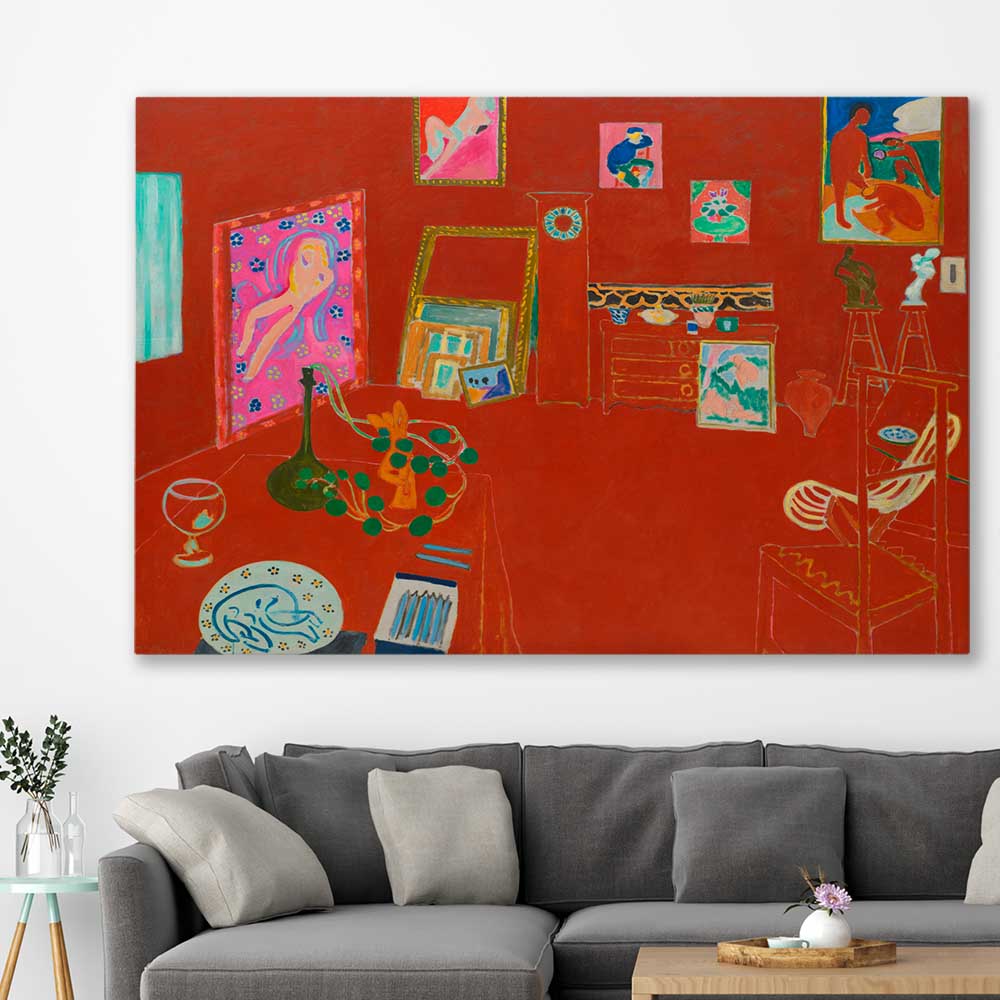 Classic wall art and canvas print of Red Studio Henri Matisse on a stretched canvas displayed in a room