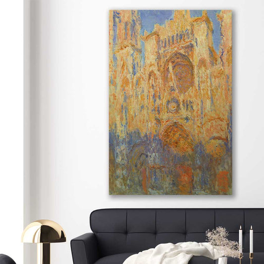 Classic wall art and canvas print of Rouen Cathedral Claude Monet on a stretched canvas displayed in a room