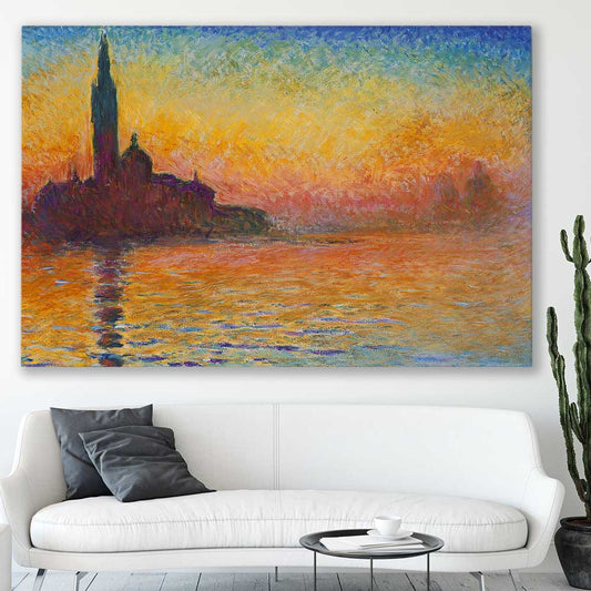 Classic wall art and canvas print of San Giorgio Claude Monet on a stretched canvas displayed in a room