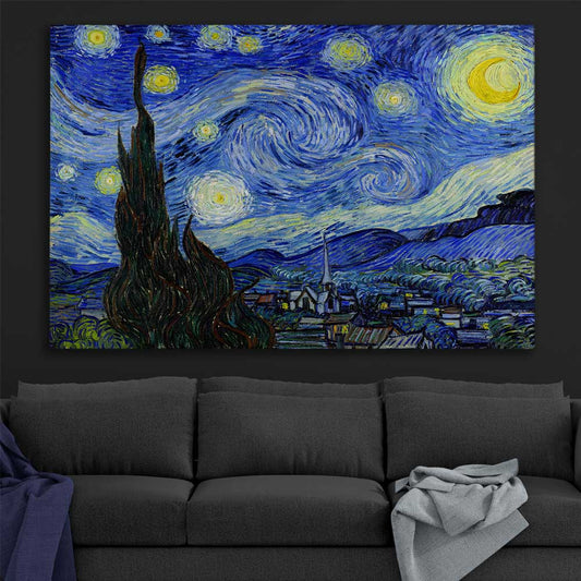 Classic wall art and canvas print of Starry Night Van Gogh on a stretched canvas displayed in a room