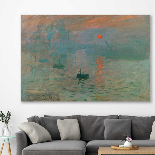 Classic wall art and canvas print of Sunrise Claude Monet on a stretched canvas displayed in a room