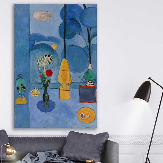 Classic wall art and canvas print of The Blue Window Henri Matisse on a stretched canvas displayed in a room