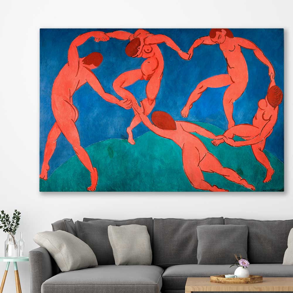 Classic wall art and canvas print of The Dance Henri Matisse on a stretched canvas displayed in a room