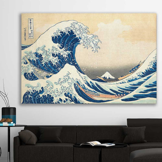 Classic wall art and canvas print of The Great Wave Hokusai on a stretched canvas displayed in a room