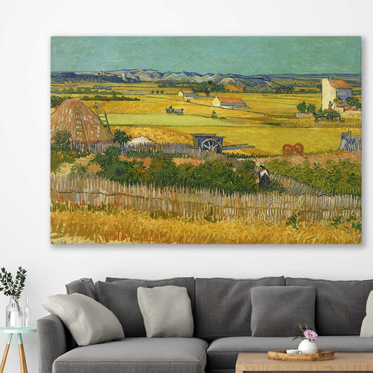 Classic wall art and canvas print of The Harvest Van Gogh on a stretched canvas displayed in a room