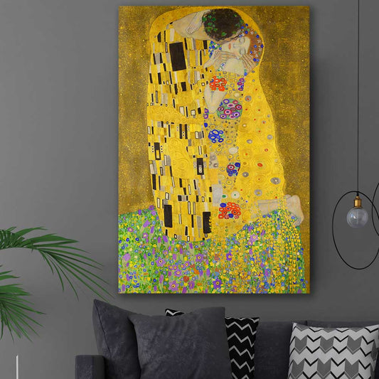 Classic wall art and canvas print of The Kiss Gustav Klimt on a stretched canvas displayed in a room