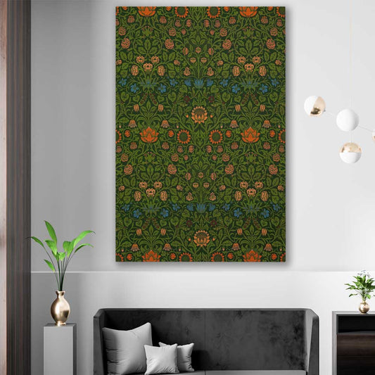 Classic wall art and canvas print of Violet Columbine William Morris on a stretched canvas displayed in a room