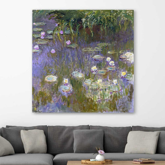 Classic wall art and canvas print of Water Lilies Claude Monet on a stretched canvas displayed in a room