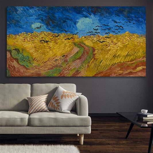 Classic wall art and canvas print of Wheatfield with Crows Van Gogh on a stretched canvas displayed in a room
