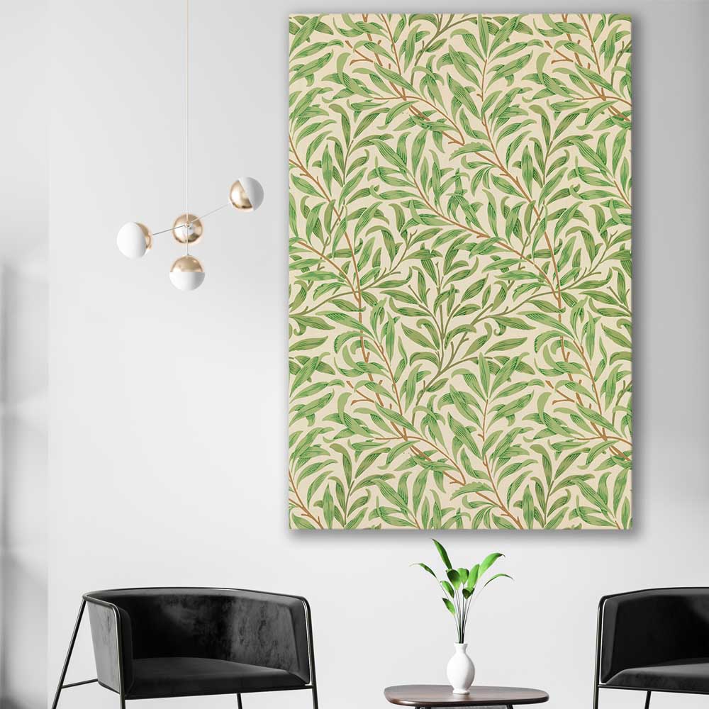 Classic wall art and canvas print of Willow Bough William Morris on a stretched canvas displayed in a room