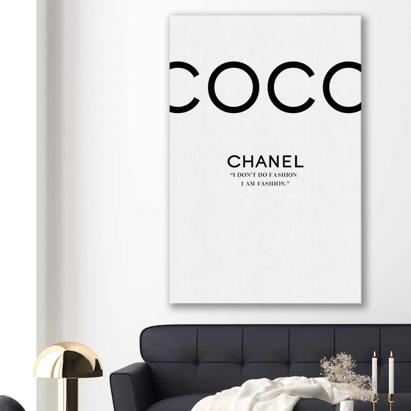 Coco Fashion White stretched canvas displayed in a room - part of our high quality fashion canvas wall art and prints collectionstretched canvas displayed in a room - part of our high quality fashion canvas wall art and prints collection