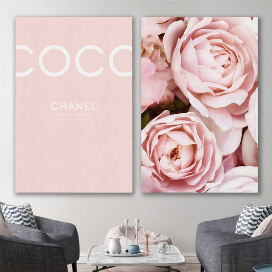 Coco Pink Pair stretched canvas displayed in a room - part of our high quality fashion canvas wall art and prints collection