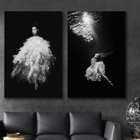 Evening Dress Pair stretched canvas displayed in a room - part of our high quality fashion canvas wall art and prints collection