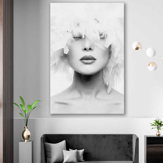 Feather Lips stretched canvas displayed in a room - part of our high quality fashion canvas wall art and prints collection