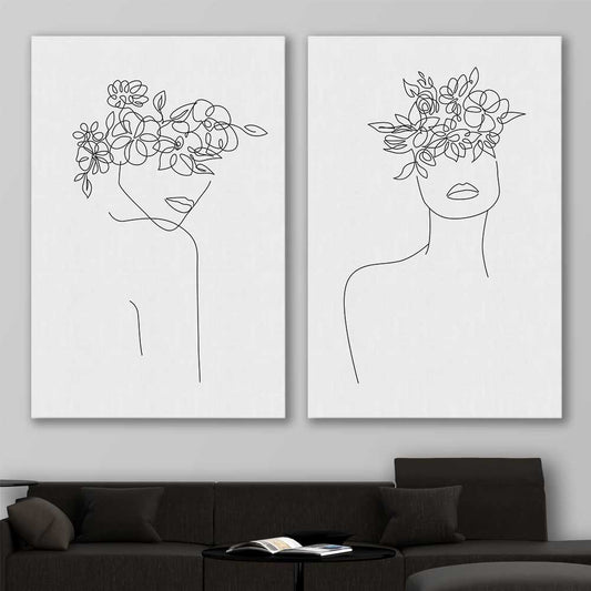 Floral Beauty Pair stretched canvas displayed in a room - part of our high quality fashion canvas wall art and prints collection