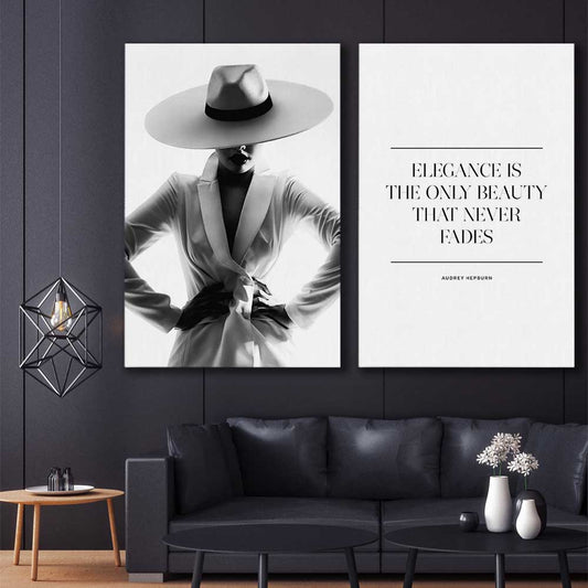 White Hat Gaze Pair stretched canvas displayed in a room - part of our high quality fashion canvas wall art and prints collection