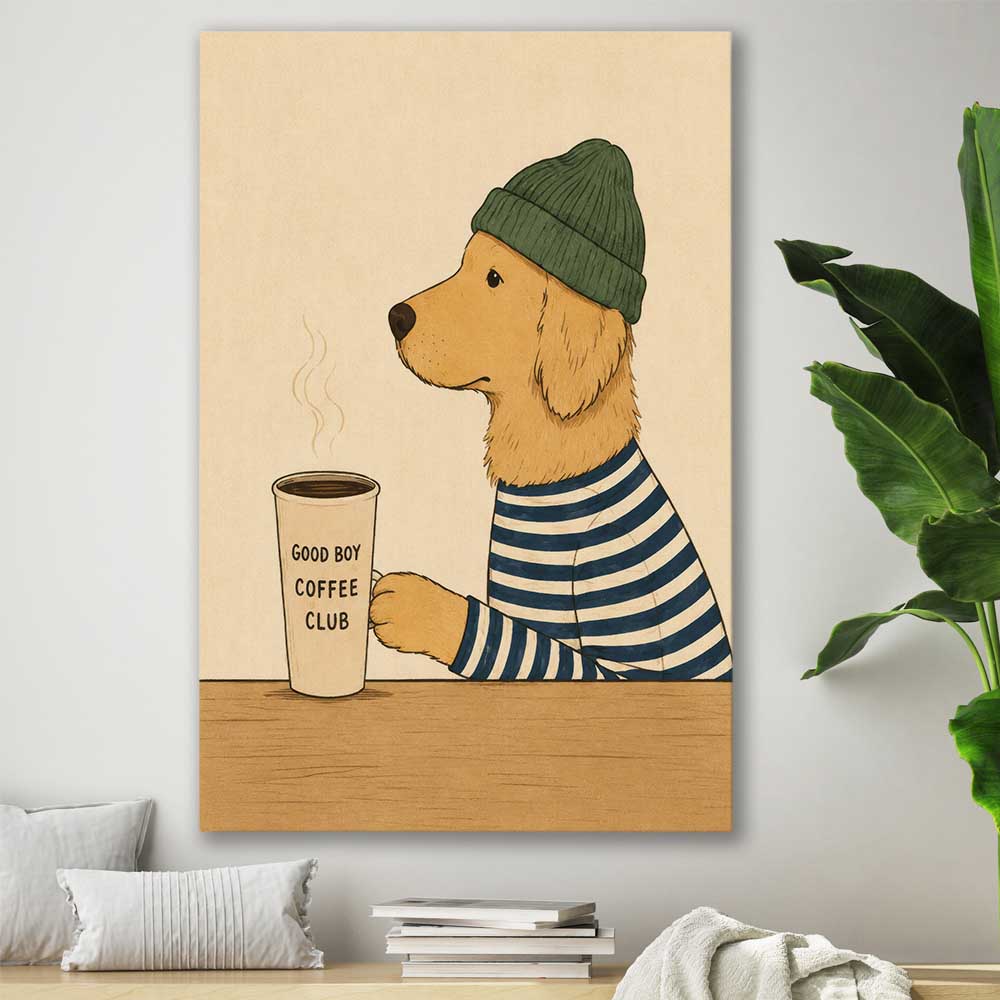 Inspirational wall art print of Good Boy Coffee on a stretched canvas displayed in a room