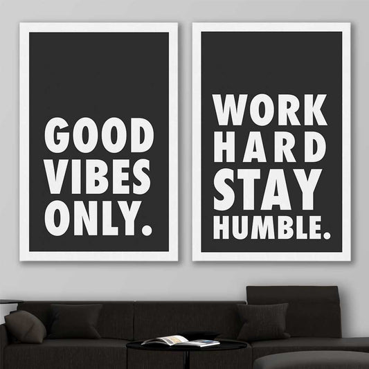 Inspirational wall art print of Good Vibes Pair on a stretched canvas displayed in a room