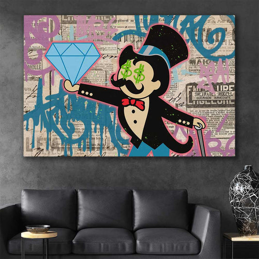 Inspirational wall art print of Moneybags Diamond on a stretched canvas displayed in a room
