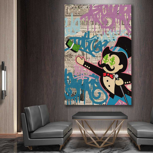 Moneybags Graffiti stretched canvas displayed in a room - part of our high quality fashion canvas wall art and prints collection