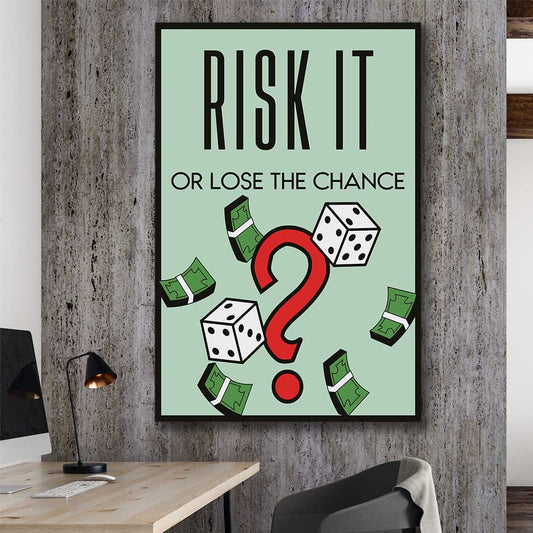 Inspirational wall art print of Roll the Dice on a stretched canvas displayed in a room