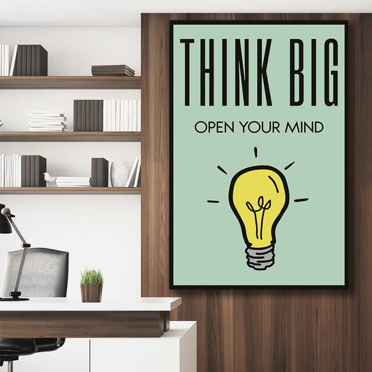 Inspirational wall art print of Think Big on a stretched canvas displayed in a room