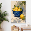 Amalfi Lemons stretched canvas displayed in a room is a colourful and stylish canvas wall art and print suited for the kitchen area