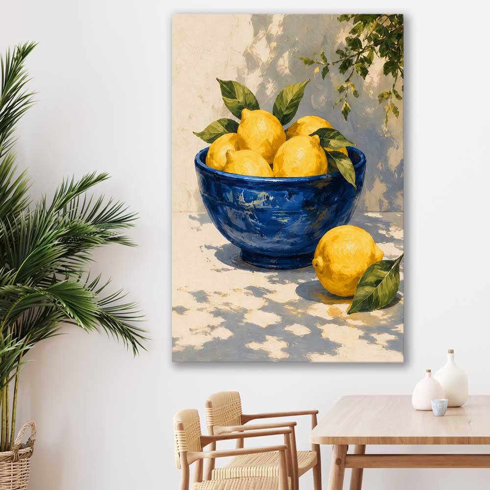 Amalfi Lemons stretched canvas displayed in a room is a colourful and stylish canvas wall art and print suited for the kitchen area