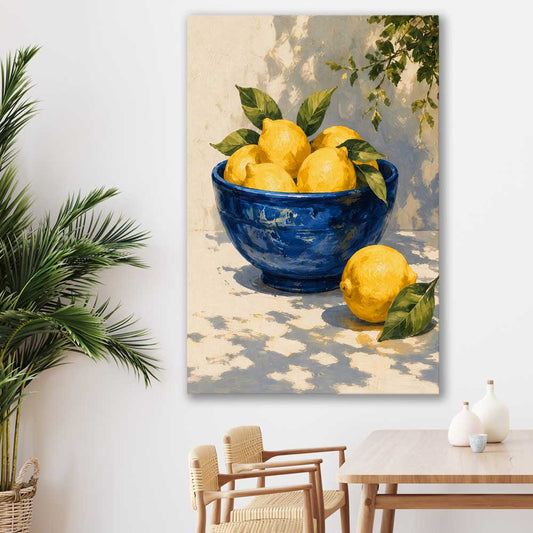 Amalfi Lemons stretched canvas displayed in a room is a colourful and stylish canvas wall art and print suited for the kitchen area