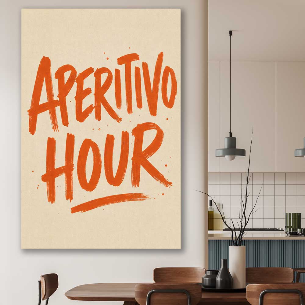 Aperitivo Hour stretched canvas displayed in a room is a colourful and stylish canvas wall art and print suited for the kitchen area