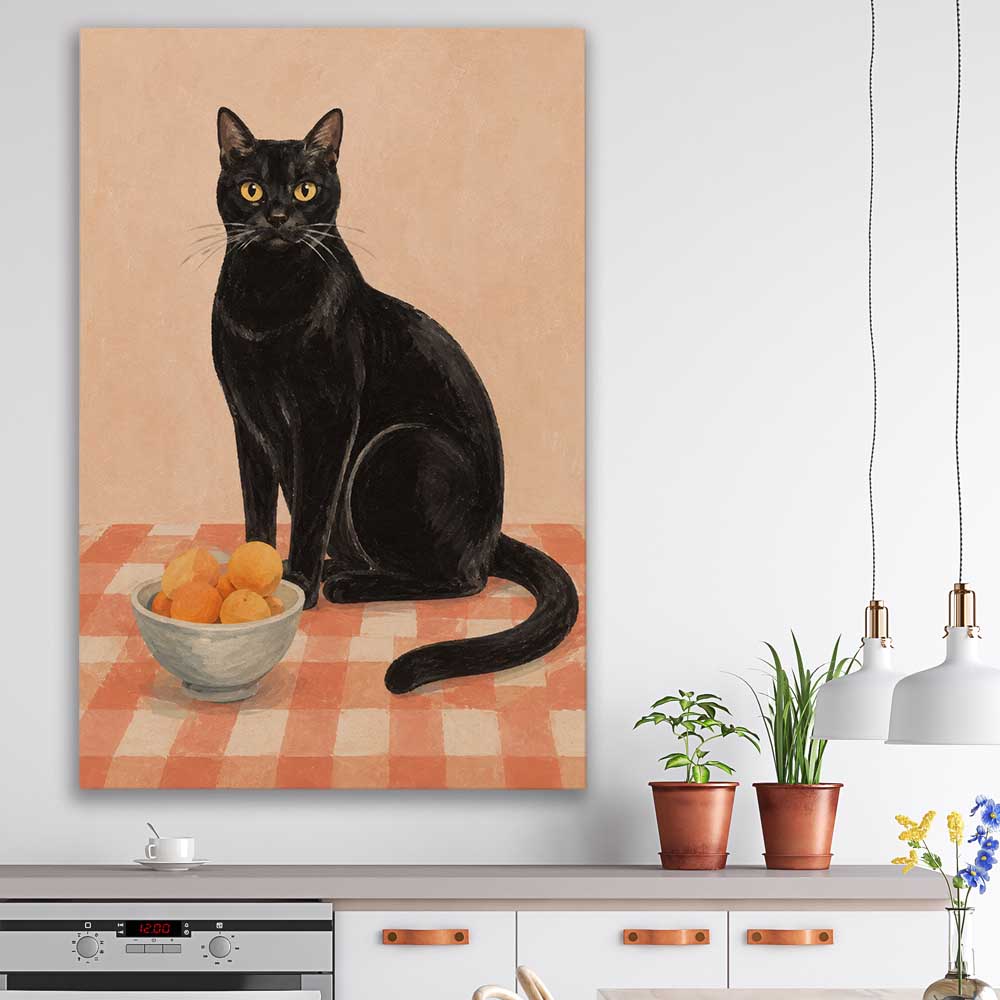 Black Cat and Peaches stretched canvas displayed in a room is a colourful and stylish canvas wall art and print suited for the kitchen area