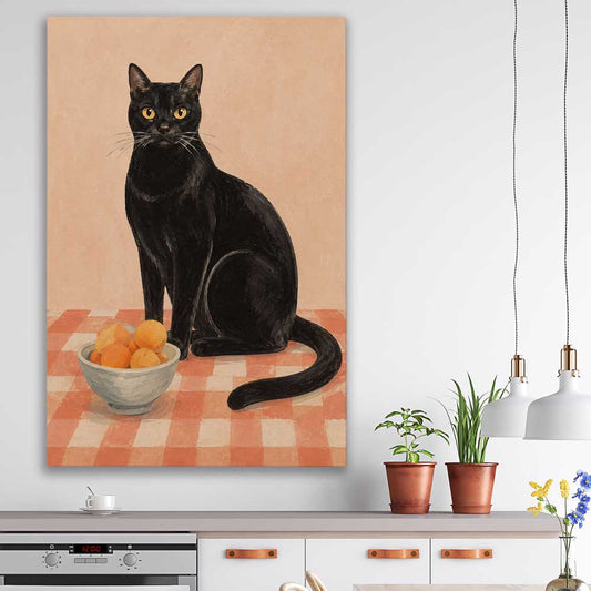 Black Cat and Peaches stretched canvas displayed in a room is a colourful and stylish canvas wall art and print suited for the kitchen area