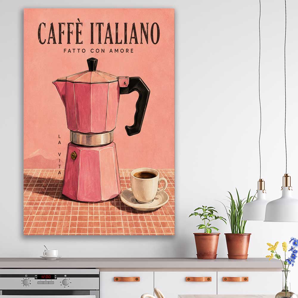 Caffe Italiano stretched canvas displayed in a room is a colourful and stylish canvas wall art and print suited for the kitchen area