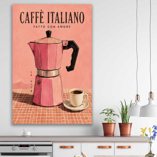Caffe Italiano stretched canvas displayed in a room is a colourful and stylish canvas wall art and print suited for the kitchen area