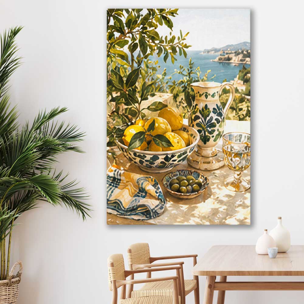 Citrus and Coast stretched canvas displayed in a room is a colourful and stylish canvas wall art and print suited for the kitchen area