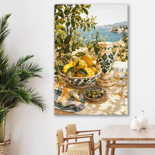 Citrus and Coast stretched canvas displayed in a room is a colourful and stylish canvas wall art and print suited for the kitchen area