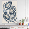 Coastal Indigo Oysters stretched canvas displayed in a room is a colourful and stylish canvas wall art and print suited for the kitchen area