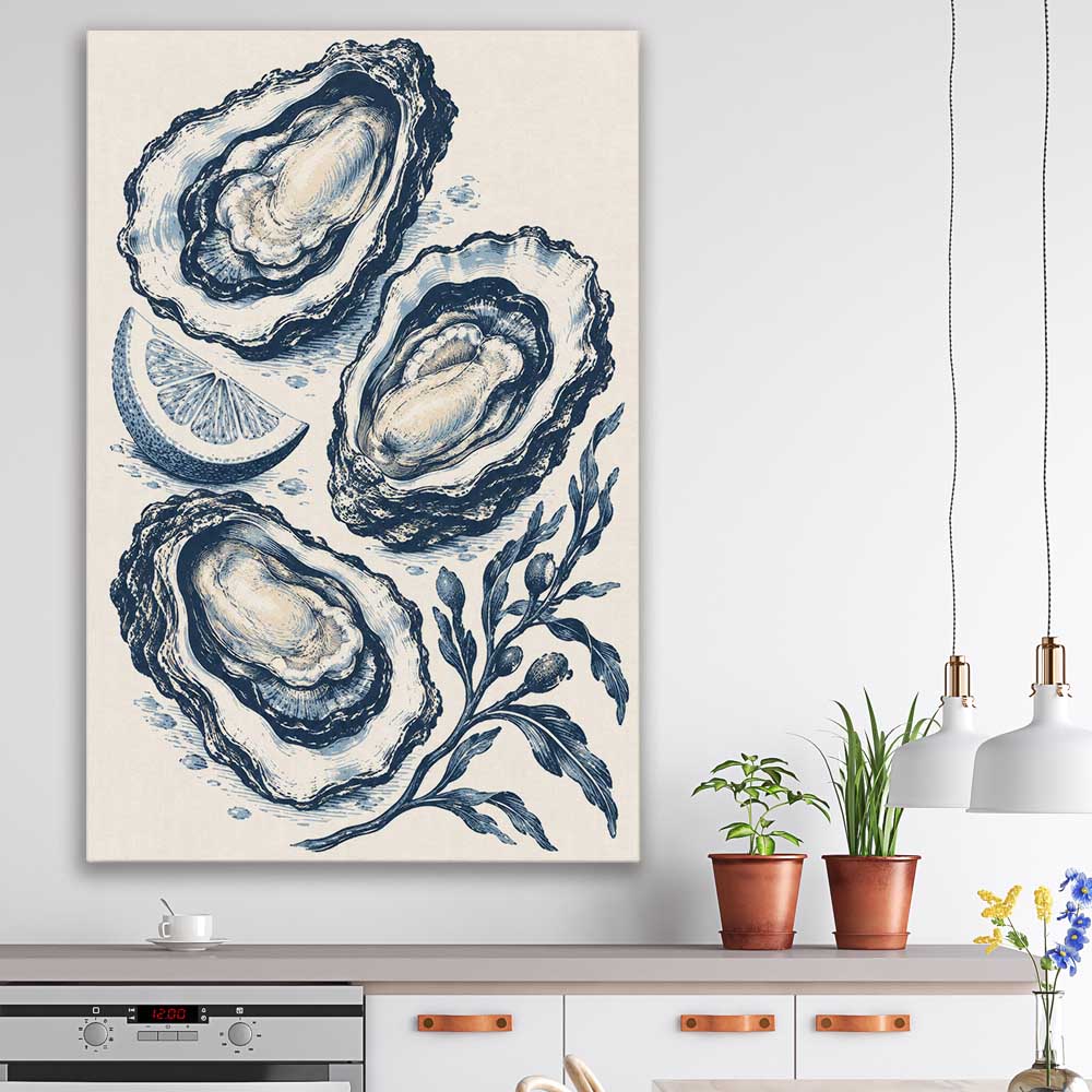 Coastal Indigo Oysters stretched canvas displayed in a room is a colourful and stylish canvas wall art and print suited for the kitchen area